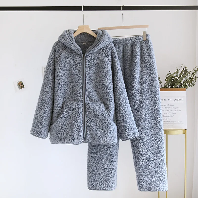 Flannel Hooded Couple Sleepwear Women\'s Underwear Sets Nightie Warm Pajamas For Women Pyjama Zipper Design Home Wear