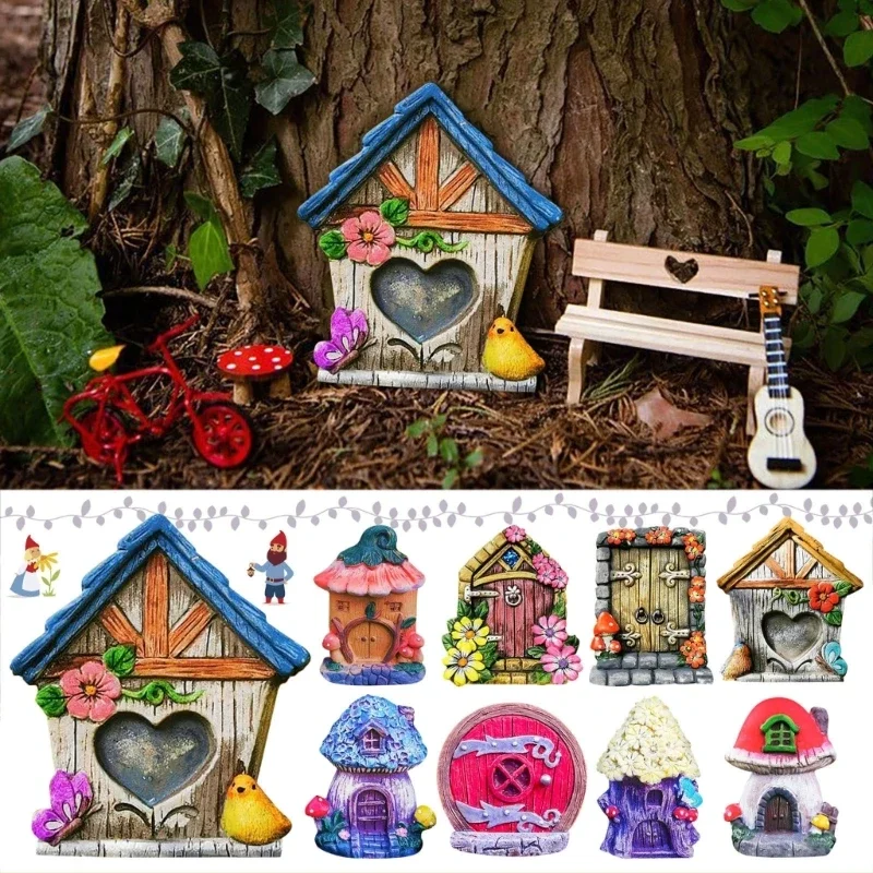 Whimsical Fairy House Door Tiny Wooden Elf Door, 6 Piece Set for Outdoor Fairy Garden and Miniature Models Dropship