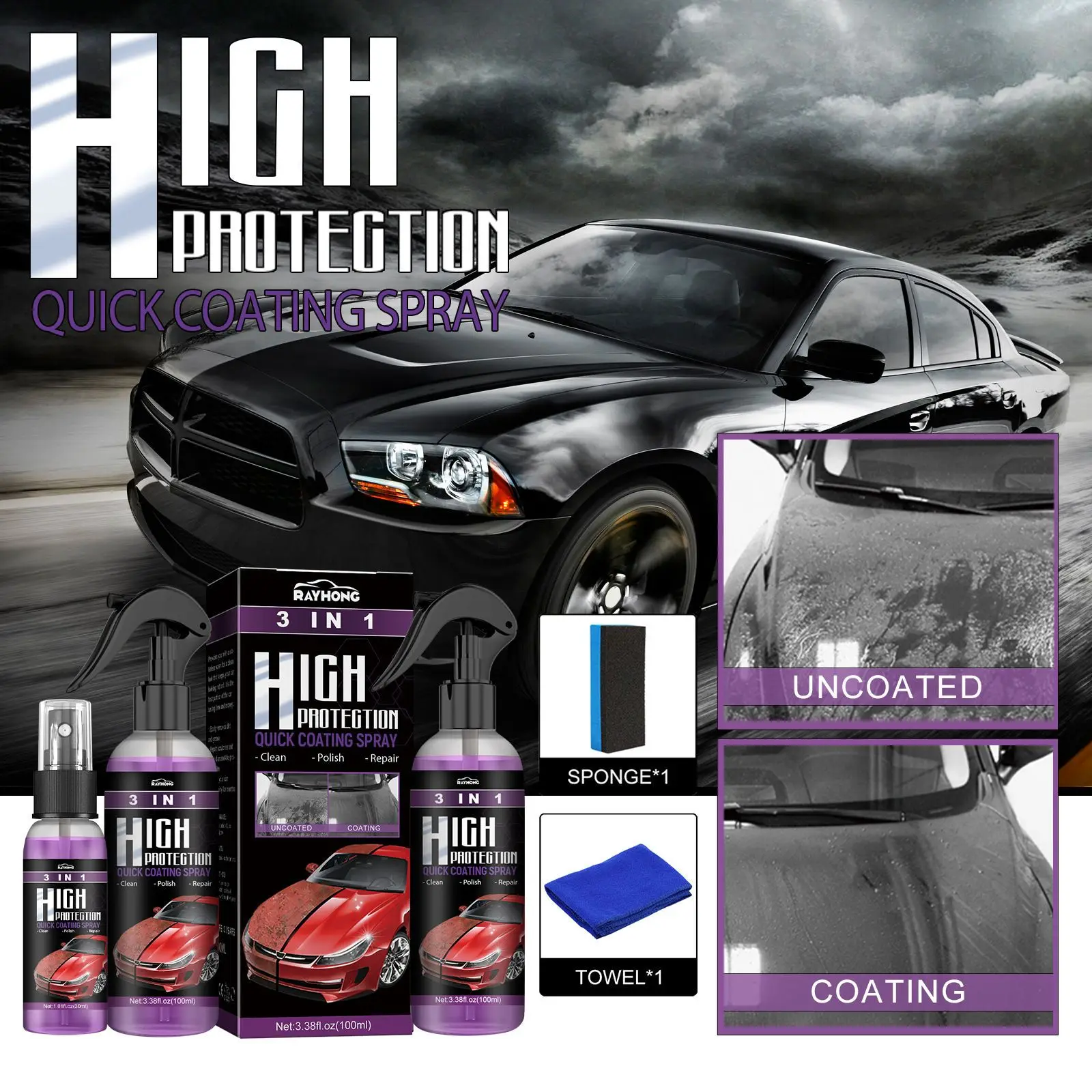 Spray de peinture auto-action rapide, haute protection, changement de document, revêtement propre, accessoires automobiles, fournitures automobiles, 3 en 1