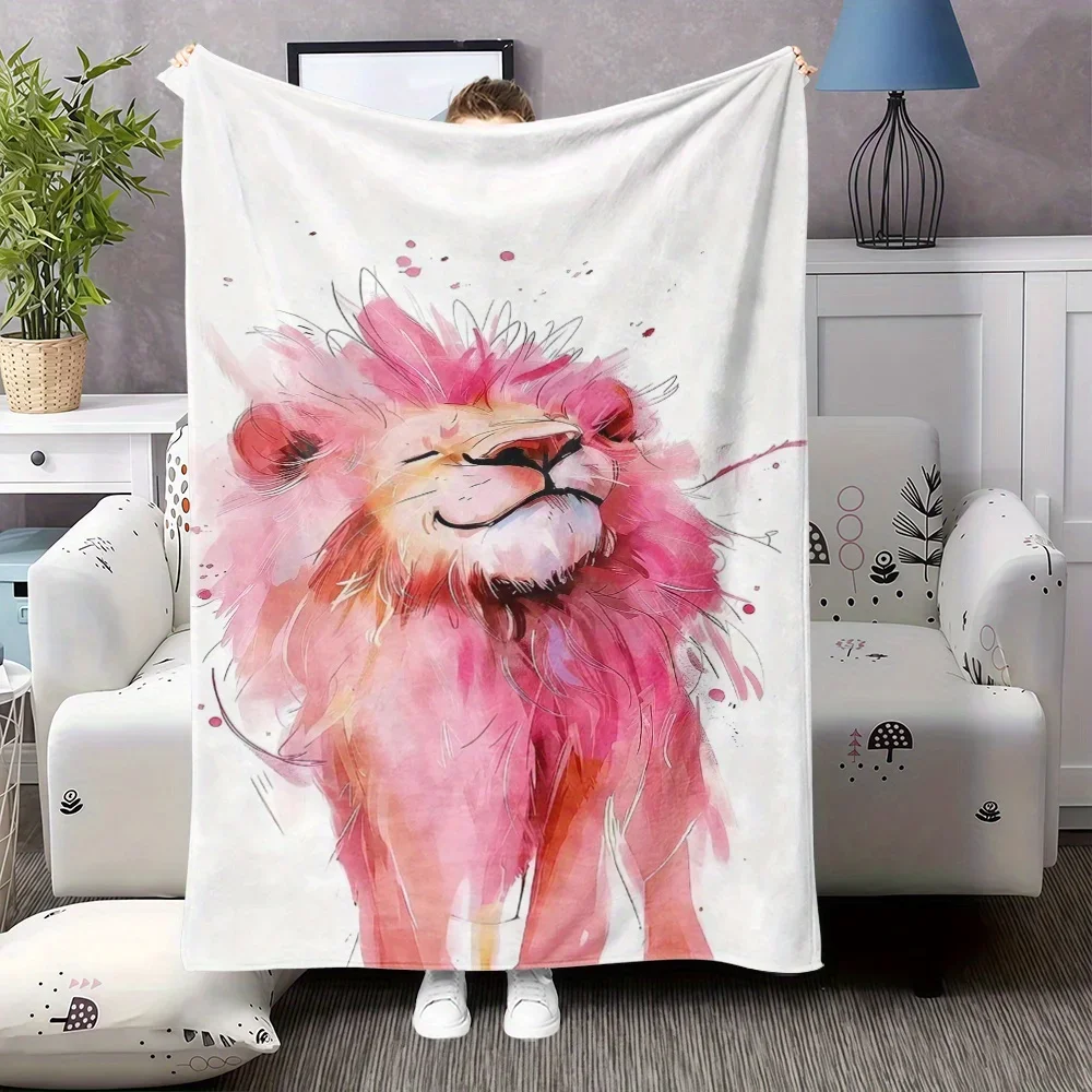 

Плед из фланели с принтом льва, нежно-розовый, с дизайном в виде львины, в пастельных тонах (белый, розовый, коричневый), всесезонный, теплый, для комфорта