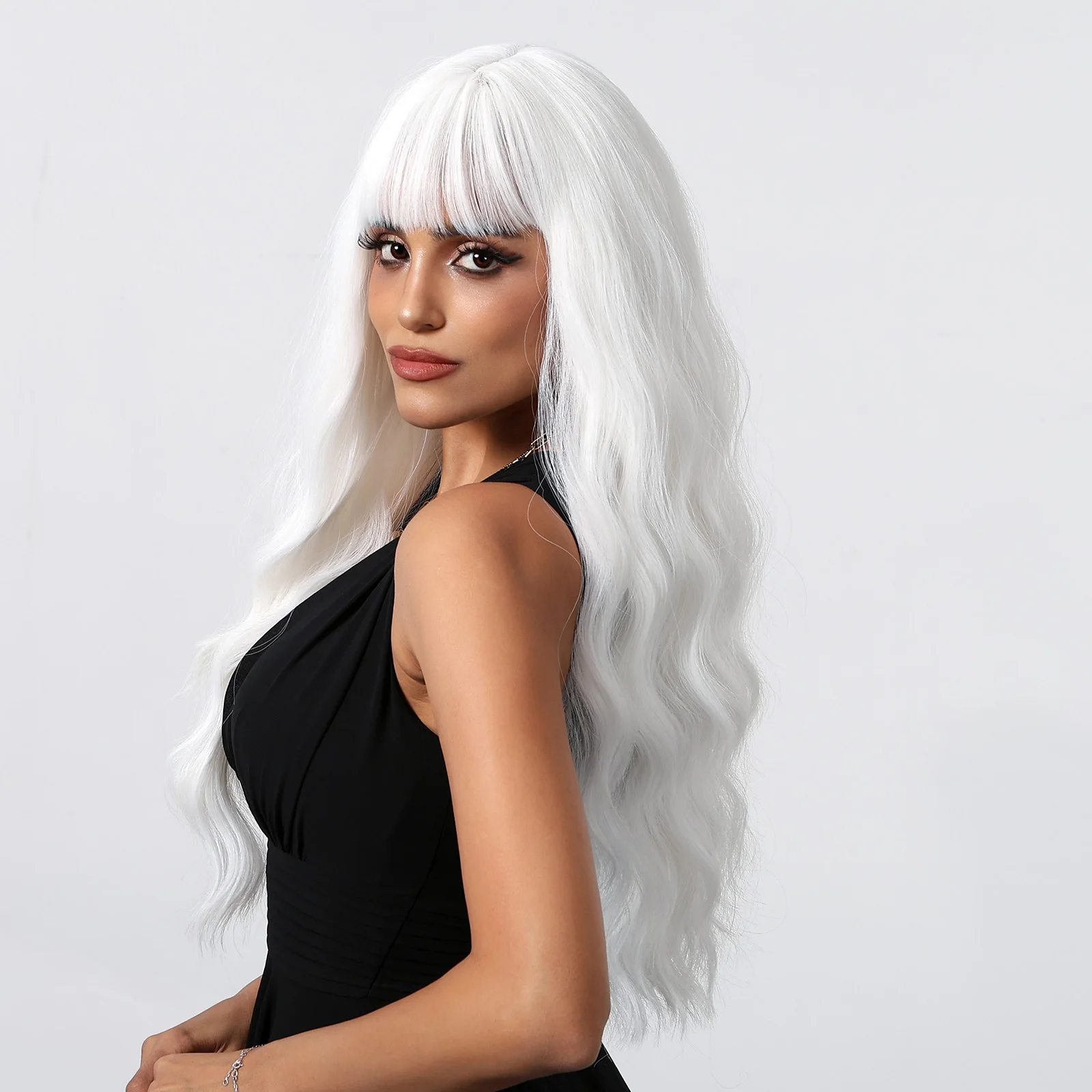 Synthetic White Wig with Bangs Platinum Blonde Long Curly Wig Deep Wave Cosplay Party Natural Hair for Women Heat Resistant