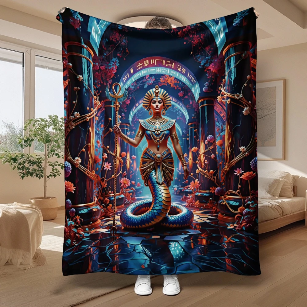 Egyptian Serpent Deity Flannel Blanket –Soft and Warm Home Gift for Bed or Naptime, Featuring A Mysterious Ancient Temple Print.