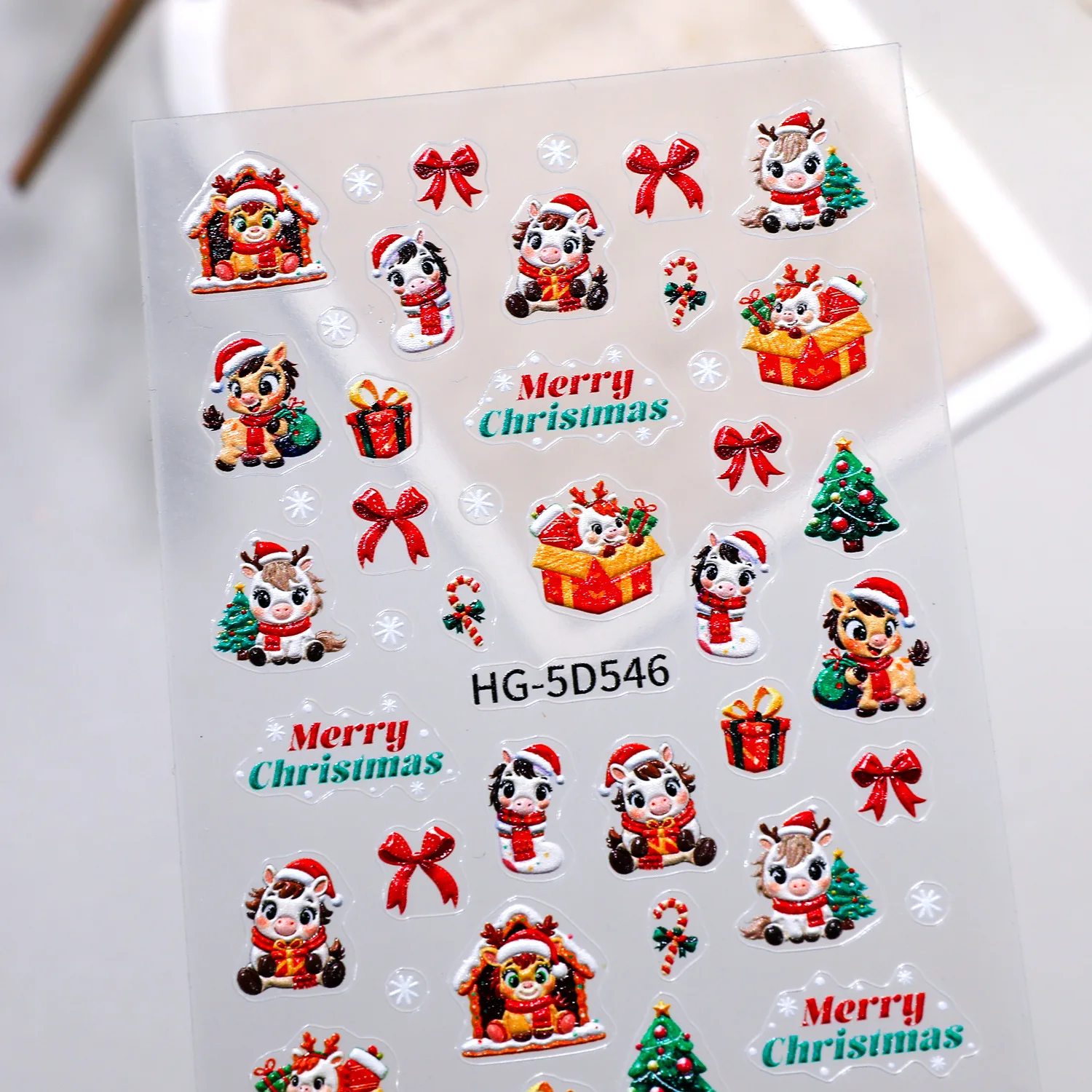 Pegatinas de uñas de unicornio y copo de nieve, animales de dibujos animados 5D, caballos de Navidad, pegatinas autoadhesivas para decoración artesanal, regalo para niña