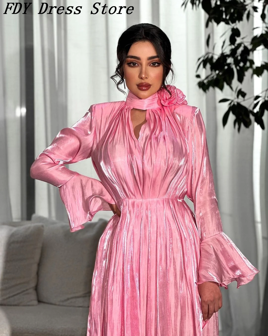 Customized Pink Long Sleeves Prom Dresses O-Neck Ankle Length Flowers Side Split Formal Occasion Dress Evening Dress Party Dress