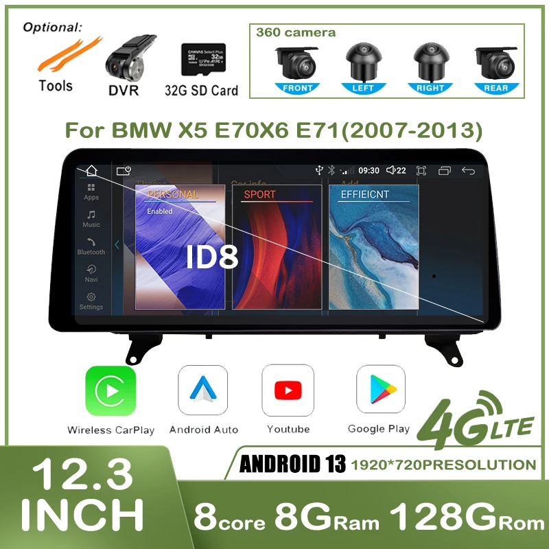 

12.3'' Android 13 Wireless CarPlay Auto Radio For BMW X5 E70 X6 E71 CCC CIC System Head Unit Player Car Multimedia Navigationre