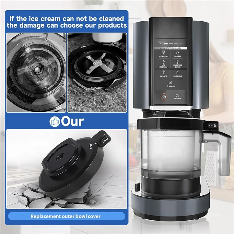 A68M-غطاء وعاء خارجي لا مجداف لسلسلة نينجا NC500/NC501 صانع الآيس كريم استبدال غطاء وعاء كريم قابل لإعادة الاستخدام