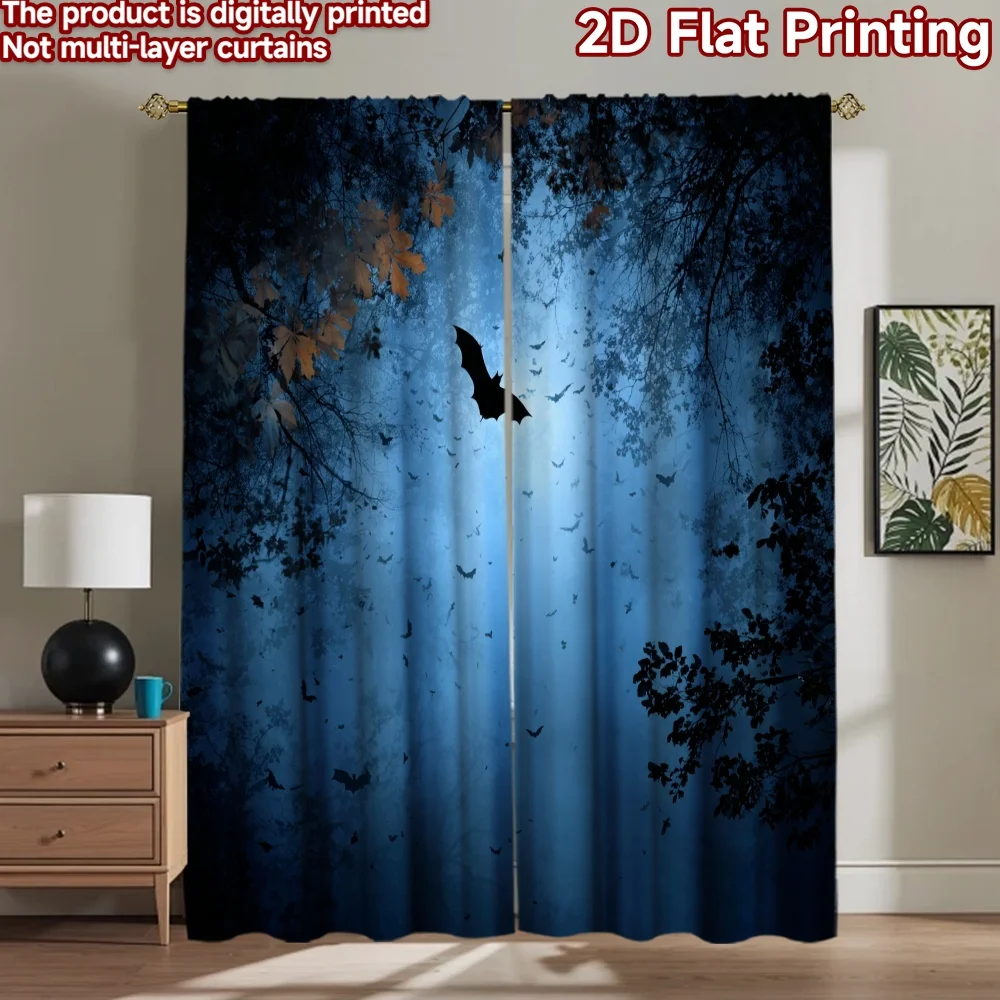 

2D flat printing 2pcs Scene Curtains Bat Forest Moon Night Digital Printed Polyester Drapes Party Decorations Perfect for Indoor