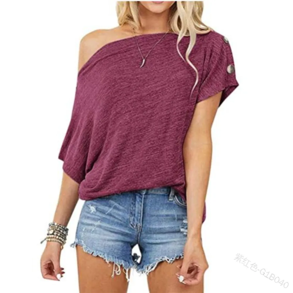 

Women's Sexy Off Shoulder T Shirt Button Decoration Batwing Short Sleeve Tees Blouse Fashion Casual Loose Tops Women Clothe