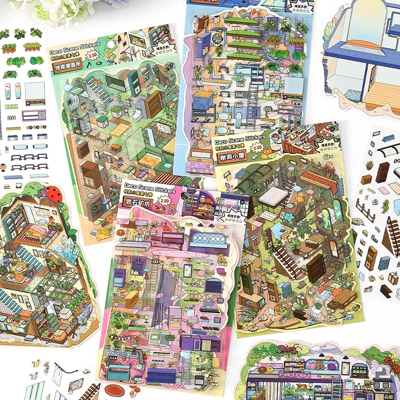 12 قطعة من سلسلة رصاصة المقصورة السابعة 2.5D ملصقات ذات مناظر طبيعية خلابة مشهد مصغر مصنوع يدويًا ملصقات ذات مناظر طبيعية خلابة مثيرة للاهتمام أدوات مكتبية