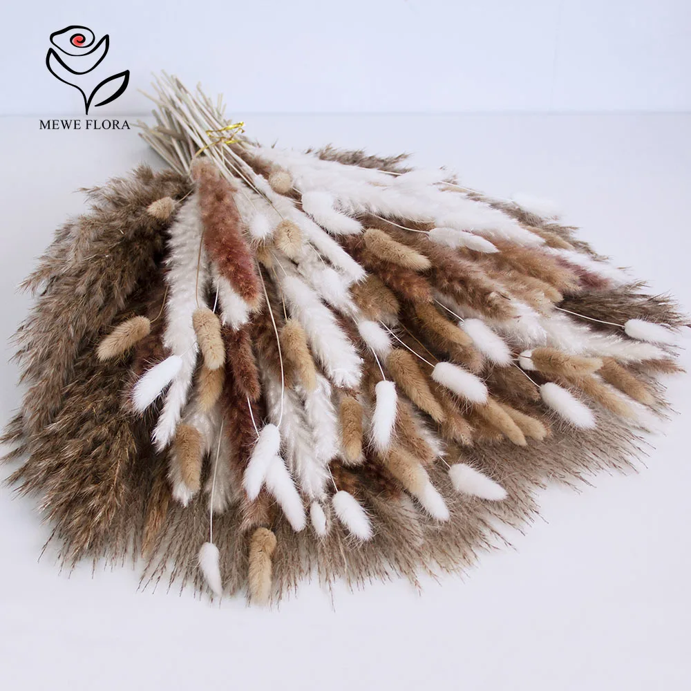 300 Stück Natürliches Getrocknetes Pampasgras-Bouquet mit Hasenschwänzen, Beige-Braunes Flauschiges Schilfgras-Arrangement für Boho-Heimdekoration, Wohnzimmer, Hochzeit, Gang, Bauernhaus-Vasenfüller,