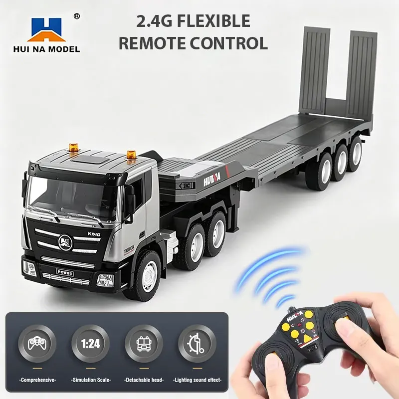 HUINA 1:24 RC Flat Truck Model Alloy Engineer Vehicle 9CH with Music And Lighting 2.4G Radio Remote Control Trailer Toy for Boys