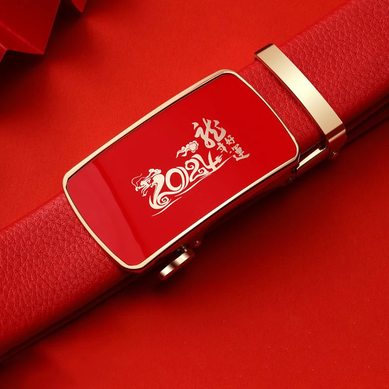 2023 New Benmingnian Men's Belt with 12 Zodiac Zodiac Automatic Buckle Cowhide Red Wedding Belt New Casual Versatile Belt