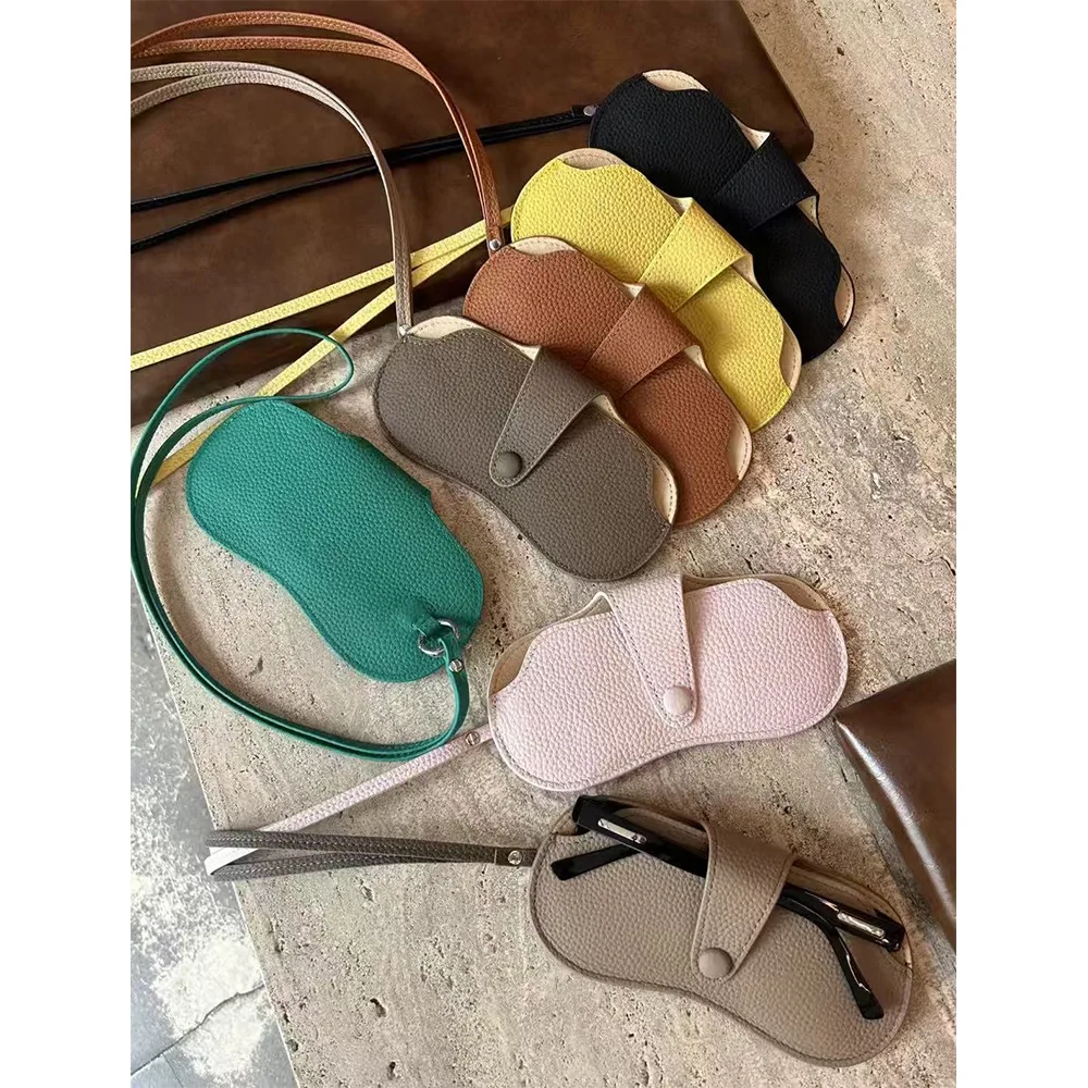 Leather hanging neck glasses sunglasses storage bag new head layer cowhide women's light sunglasses protective cover