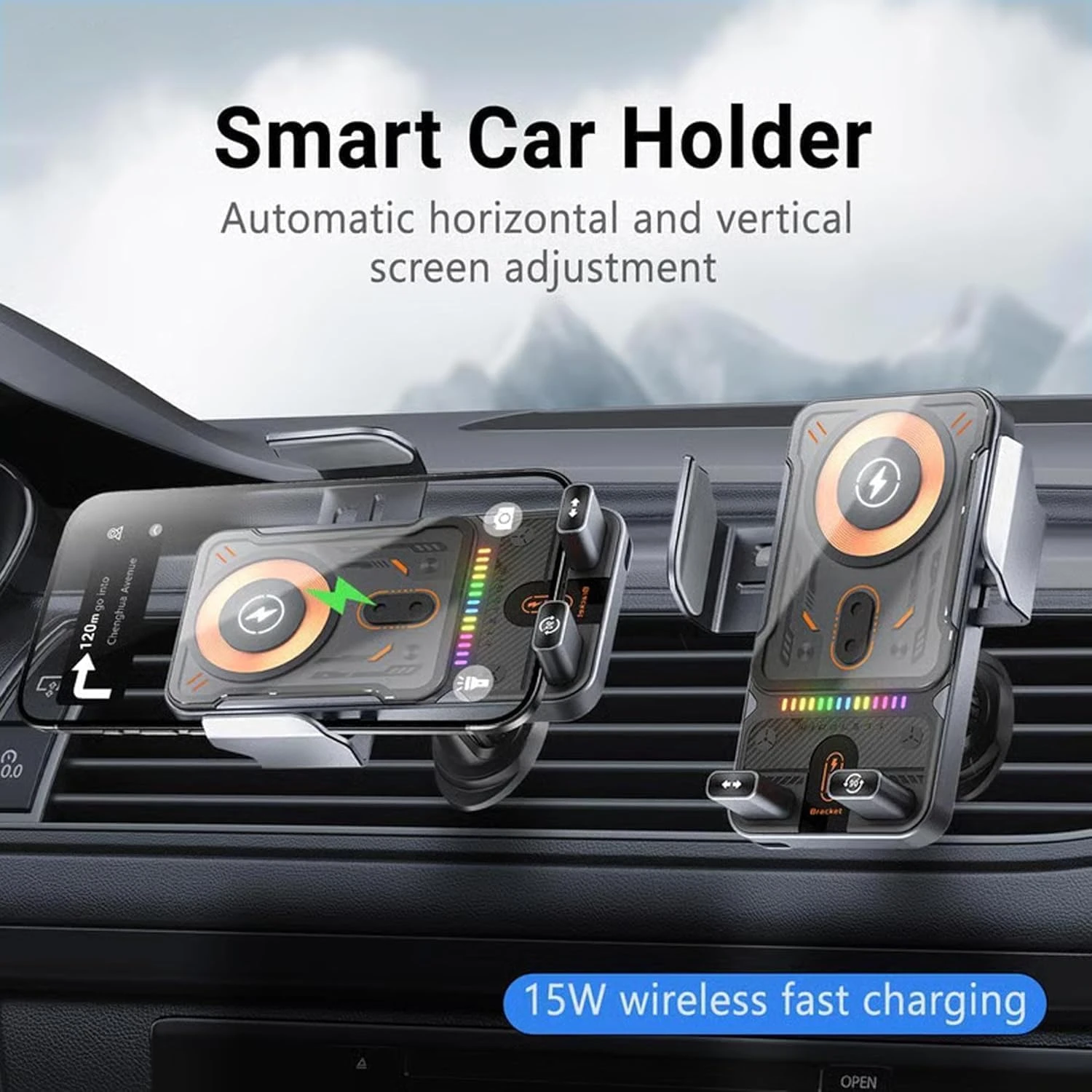 2026 Car Phone Holder Electric Rotating Opening Closing Phone Holder 15W Wireless Fast Charger Dual Coil Smart Phones Universal