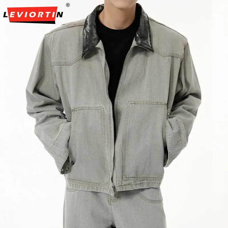 LEVIORTIN Men's 2024 Autumn New Product Korean Edition Retro Collar Splicing Short Versatile Loose Cowboy Jacket Set M5-S-Z412