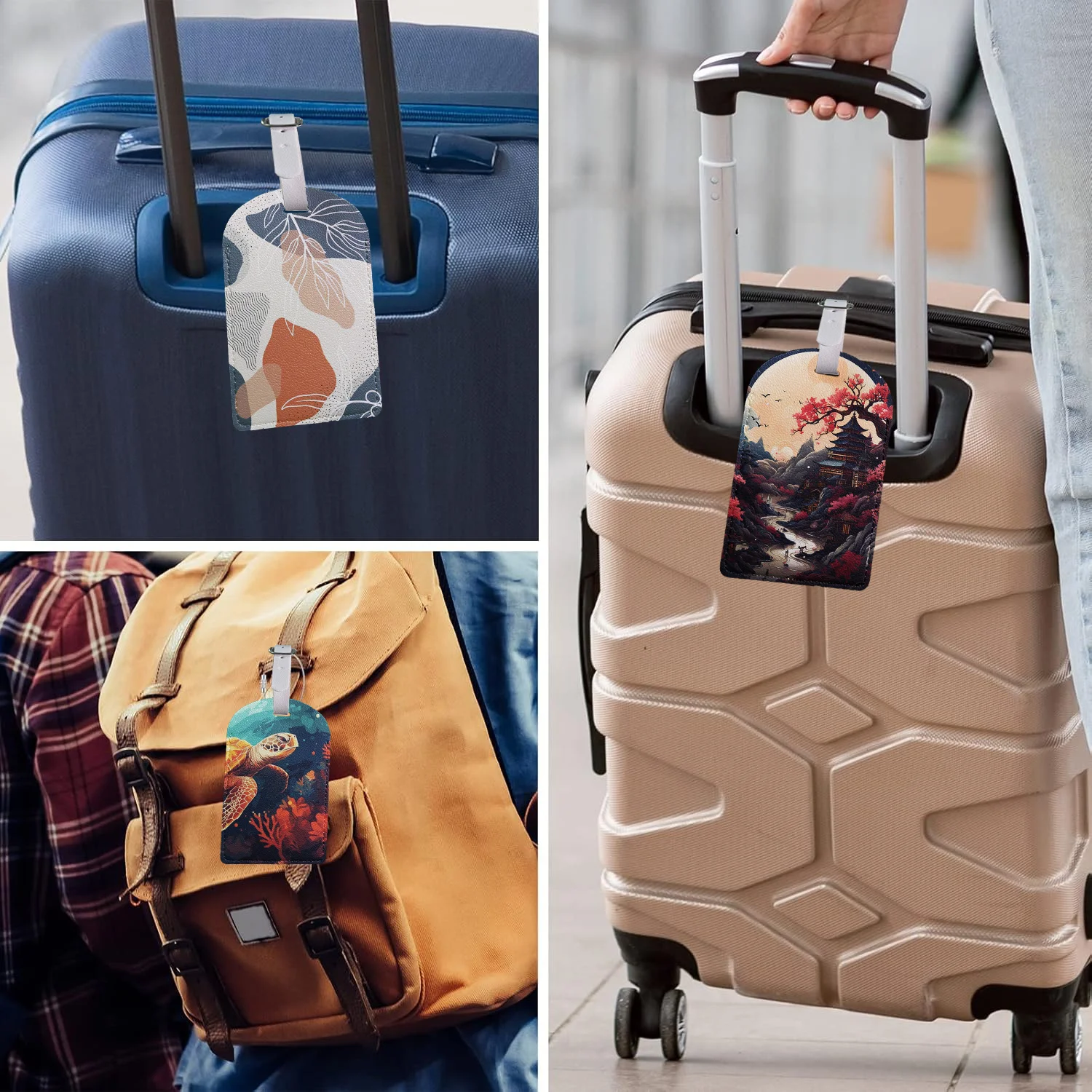 PU Leather Travel Luggage Tags with Privacy Cover for Suitcase Handbags Backpacks Men Women Modern Art Funny Baggage Tags