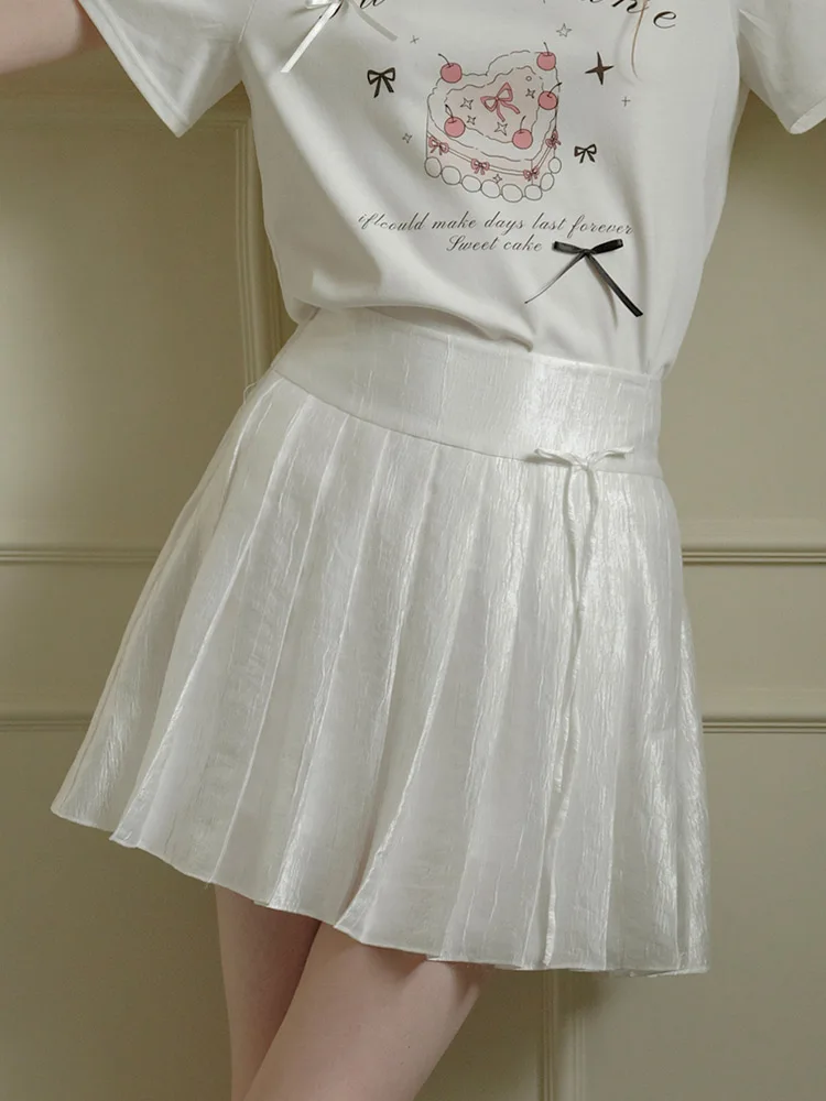Isislove White Textured A-Line Skirt Women's Summer Small Size Glimmering Acetate Pleated Skirt Commute Vintage Style