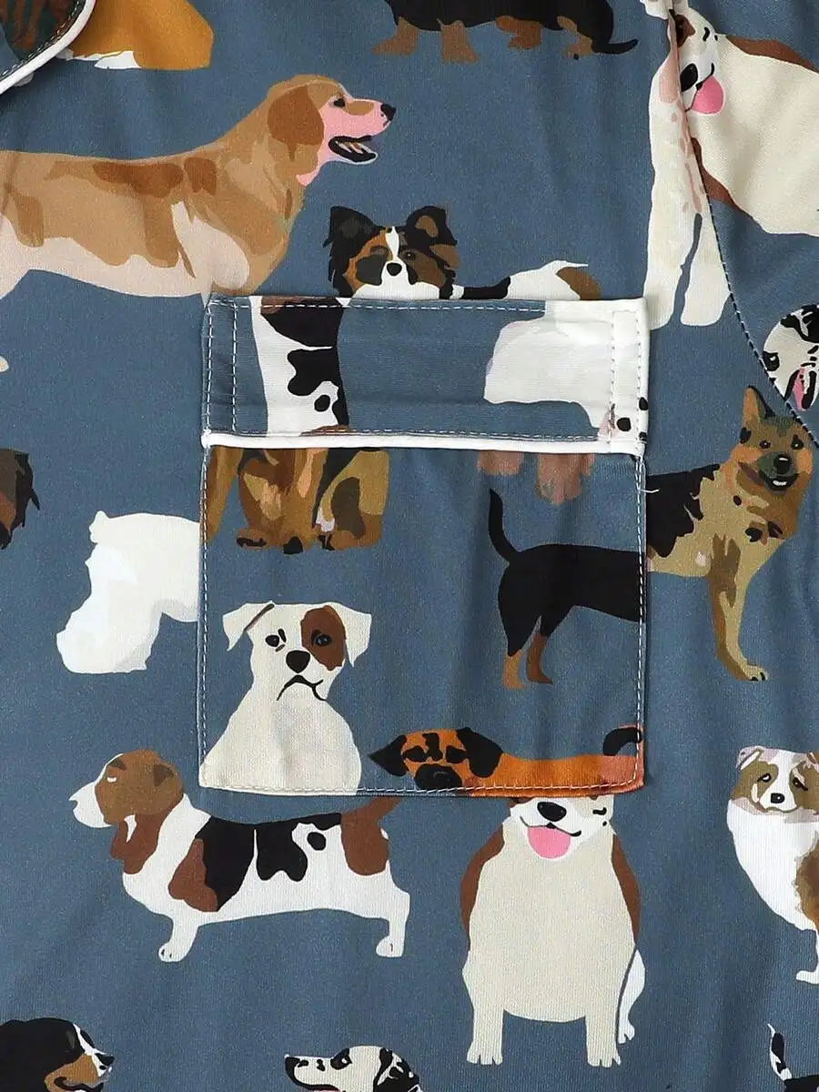 

Womens Short Sleeve Pajama Set With Cartoon Dog Print Lapel Top And Elastic Waist Shorts