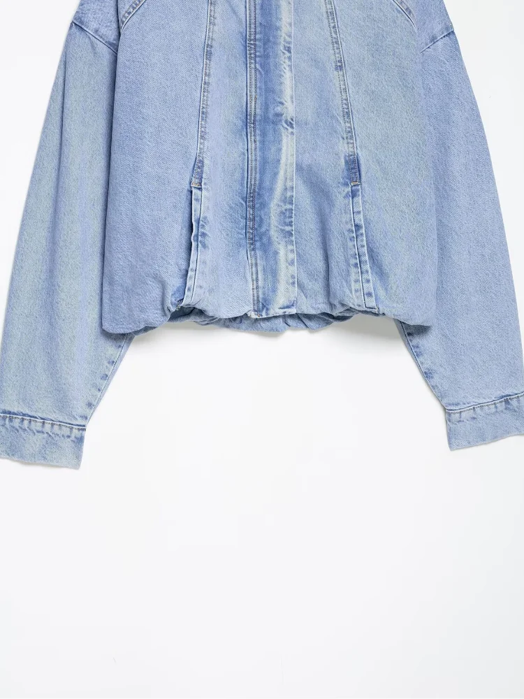 Vintage Blaue Kurze Jeansjacke für Damen mit Stehkragen, Reißverschluss und Knöpfen, Lose Passform, Langarm, Neue Streetwear für den Alltag im Herbst – Detail 6