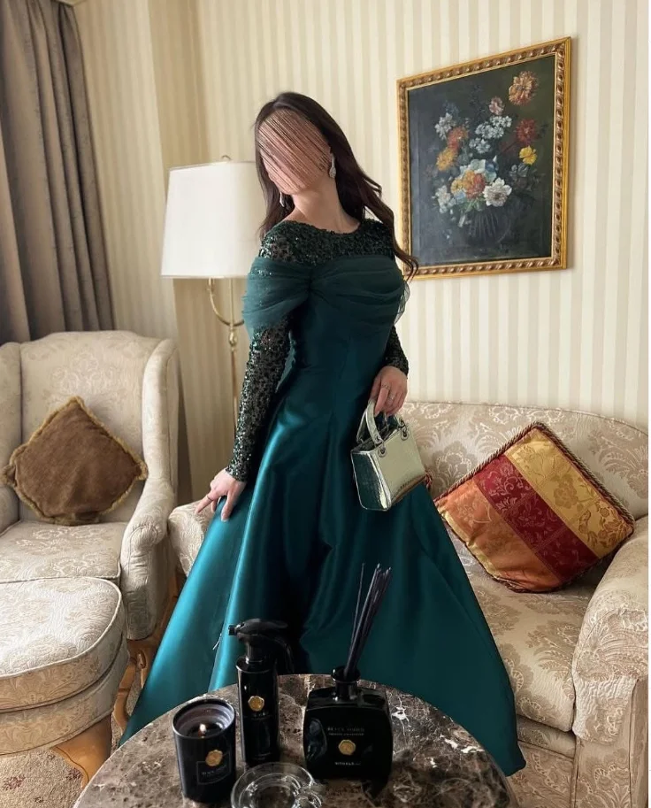 Verde esmeralda tornozelo comprimento vestidos formais de noite manga longa gillter a linha baile de formatura gala vestido de festa personalizado jérsei sob medida