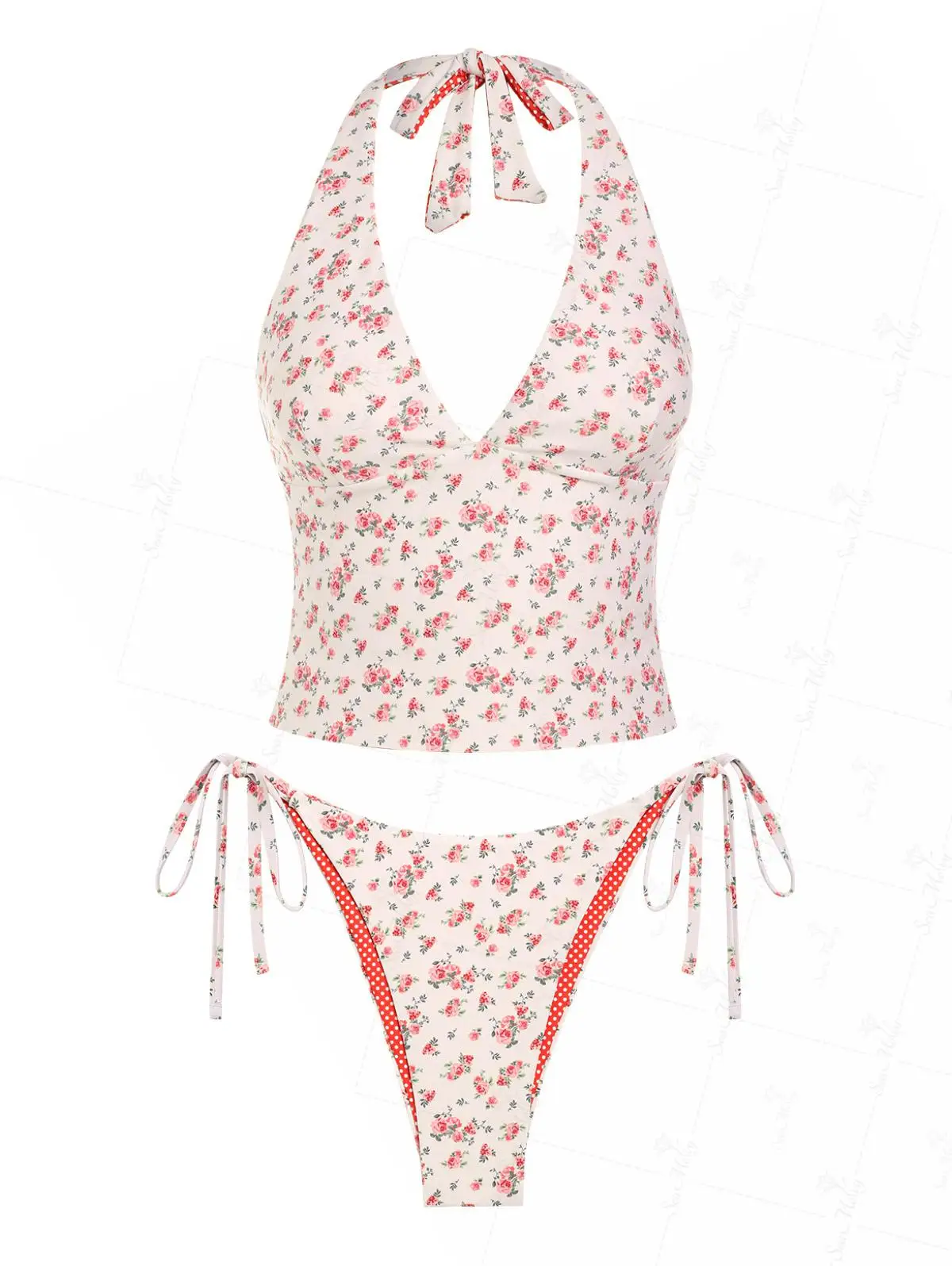 ZAFUL Conjunto tankini estilo sin mangas con estampado floral y lunares de doble cara para mujer