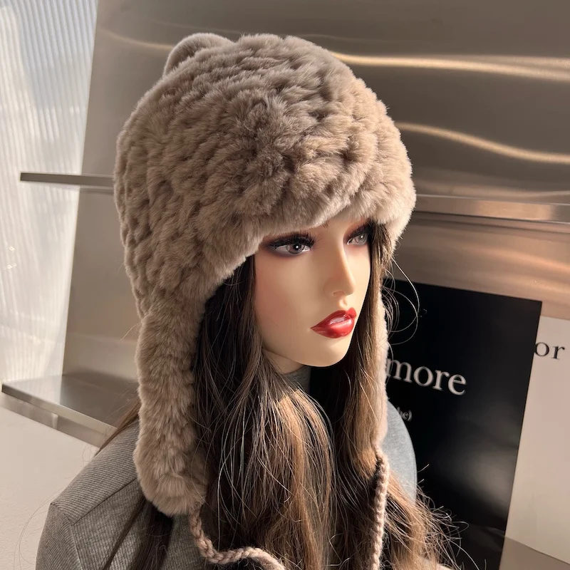 

Rex Rabbit Fur Cap Russia Lady Winter Real Fur Hat Women Warm Knitted Genuine Rex Rabbit Fur Hat Top Natural Fox Fur Bomber Caps