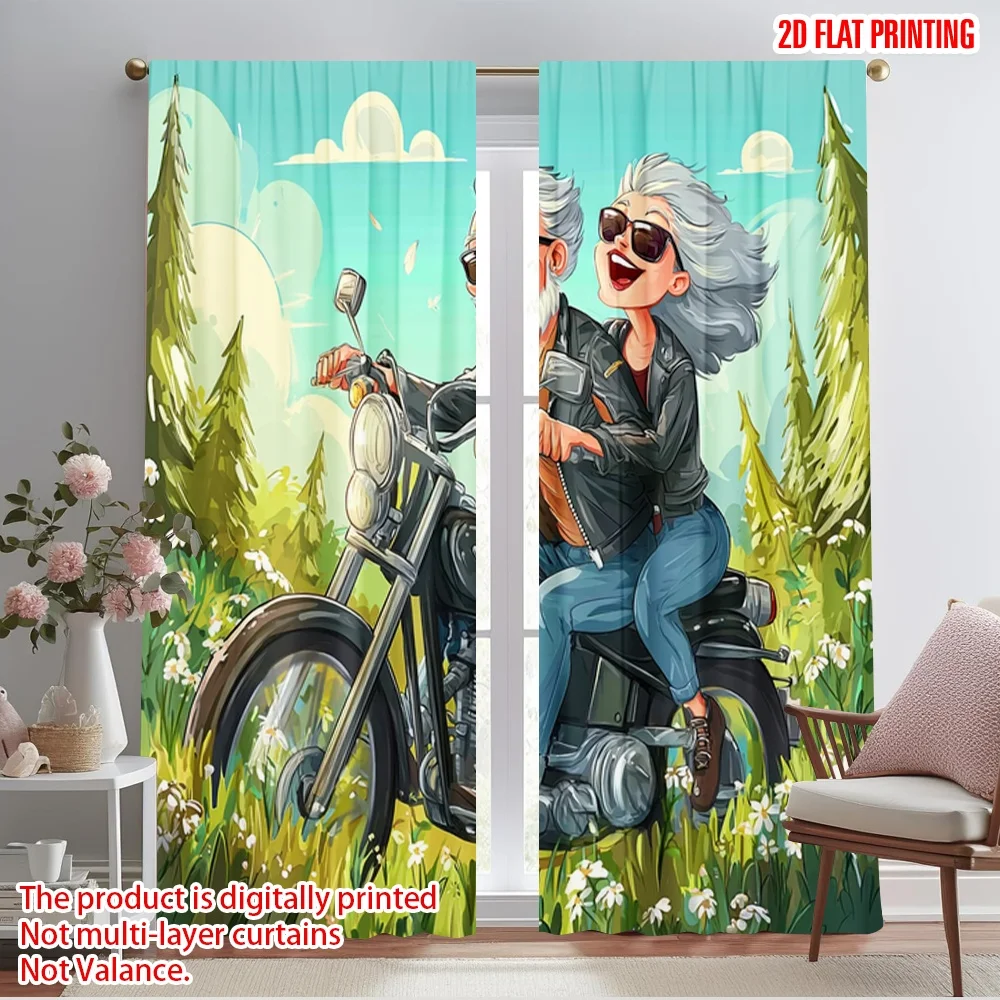 2pcs,2D plane printing Curtain Fabric Grandpa and grandma riding motorcycles Versatile Fabric (without rod) Decorations Inside