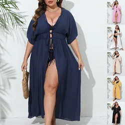 Longue robe de plage bleue pour femmes, grande taille, couvertures d'été, cardigan en UL, robes Mujer, vêtements d'extérieur de vacances, 2024