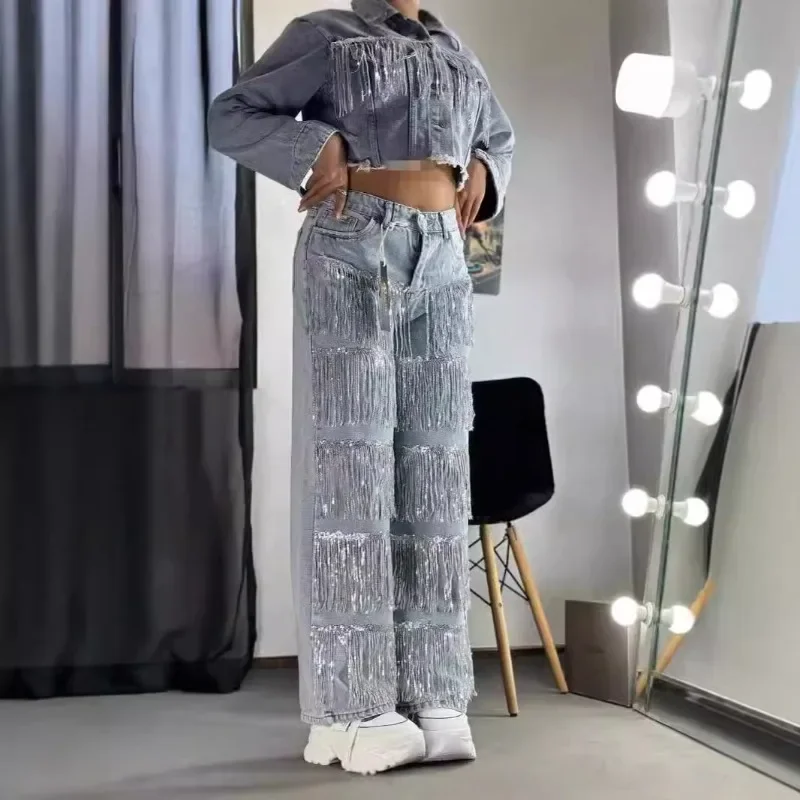 Women Fashion Sequins Tassel Denim Pants Button Fly High Waist Casual Loose Straight Jeans Trousers Y2K Streetwear Bottoms