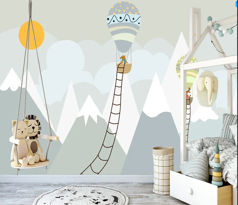 

Customized mural wallpaper for Nordic snow mountain animals, hot air balloons, children's room background wall wallpaper