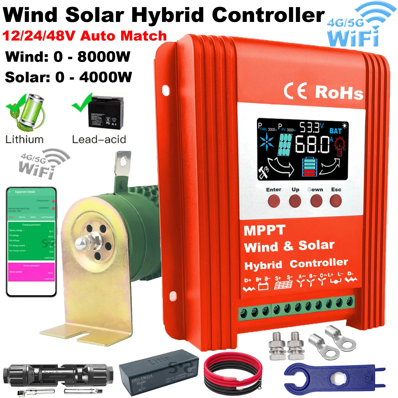 

3000W 4000W 6KW 9KW 12V 24V 48V MPPT Hybrid Solar Controller Wind Turbine,With Unloading Load LCD Display Lifepo4 Full Battery