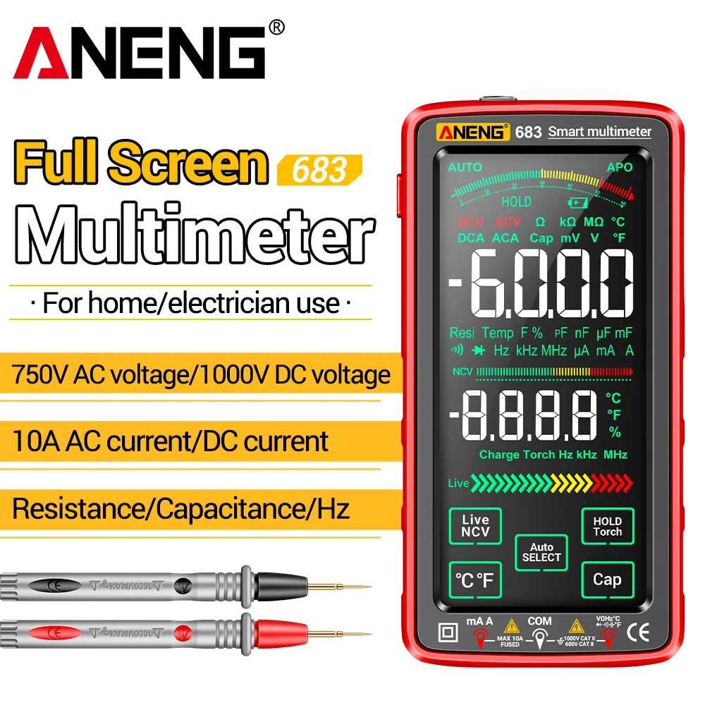 Multimètre intelligent ANENG 683 rechargeable haut de gamme à écran tactile, 6000 points de lecture, tension AC/DC, courant, testeur NCV, outils d'électricien