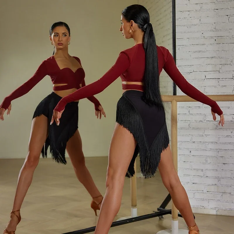 أزياء الرقص اللاتينية مهدب تنورة المرأة مثلث شرابات التنانير مثير تشاتشا سامبا اللاتينية ملابس الرقص التنانير التدريب