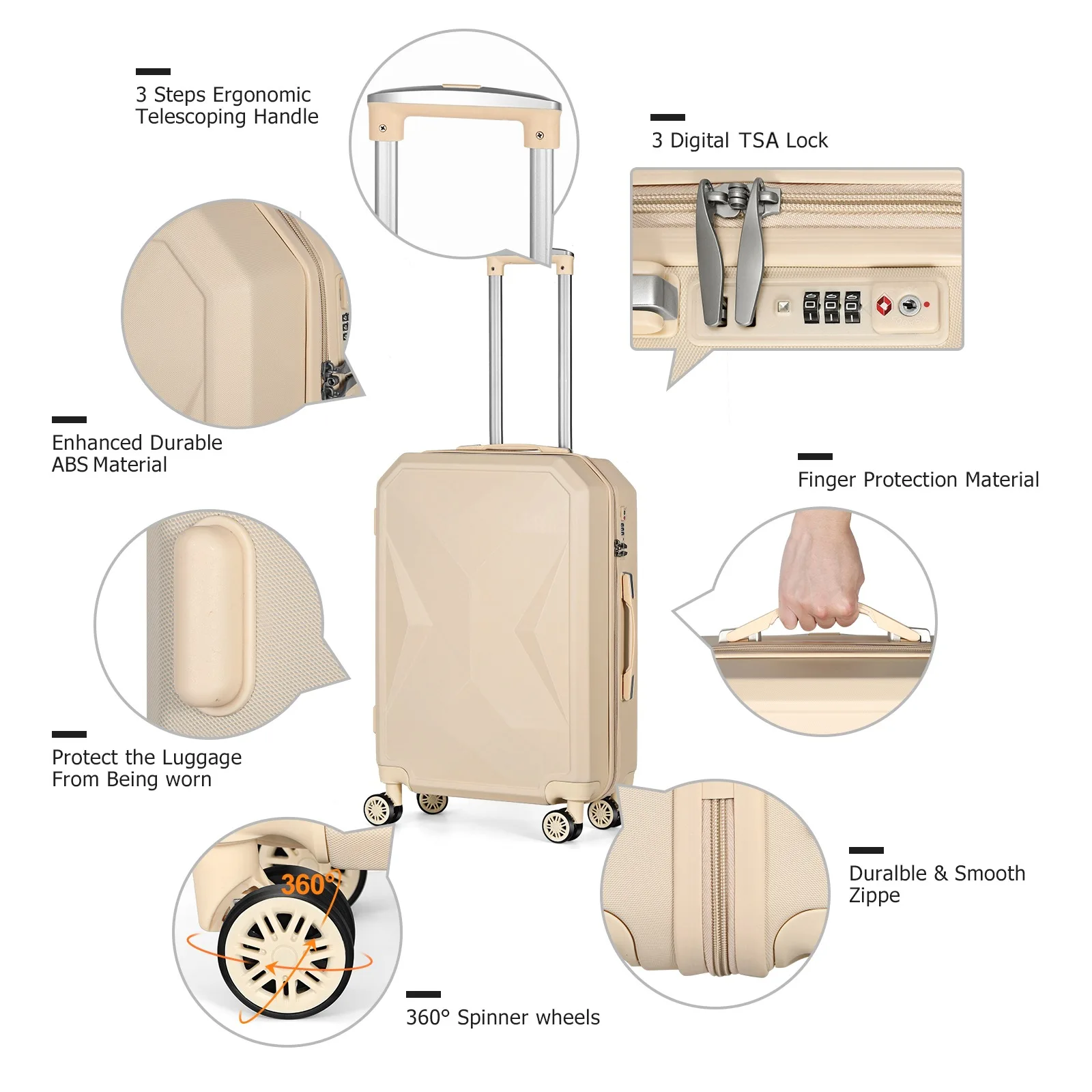 ABS material trolley box set of 3 pieces, ergonomically designed retractable handle for finger protection, smooth zipper luggage