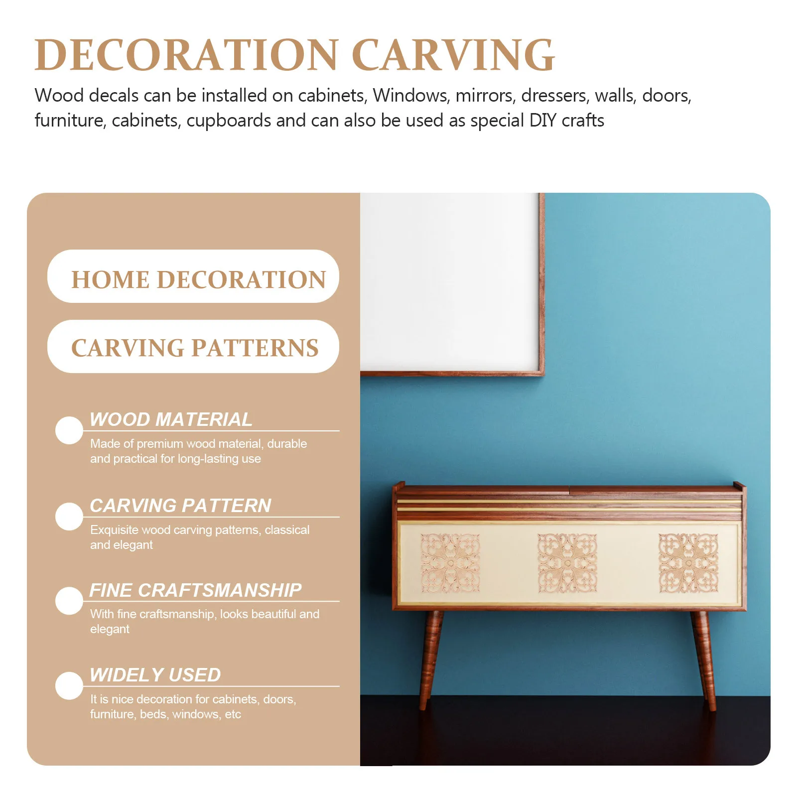 

2pcs Solid Wood Carved Decorative Applique For Home Furniture Wall Door Cabinet Bed Onlay Unpainted Wooden Decal Trim