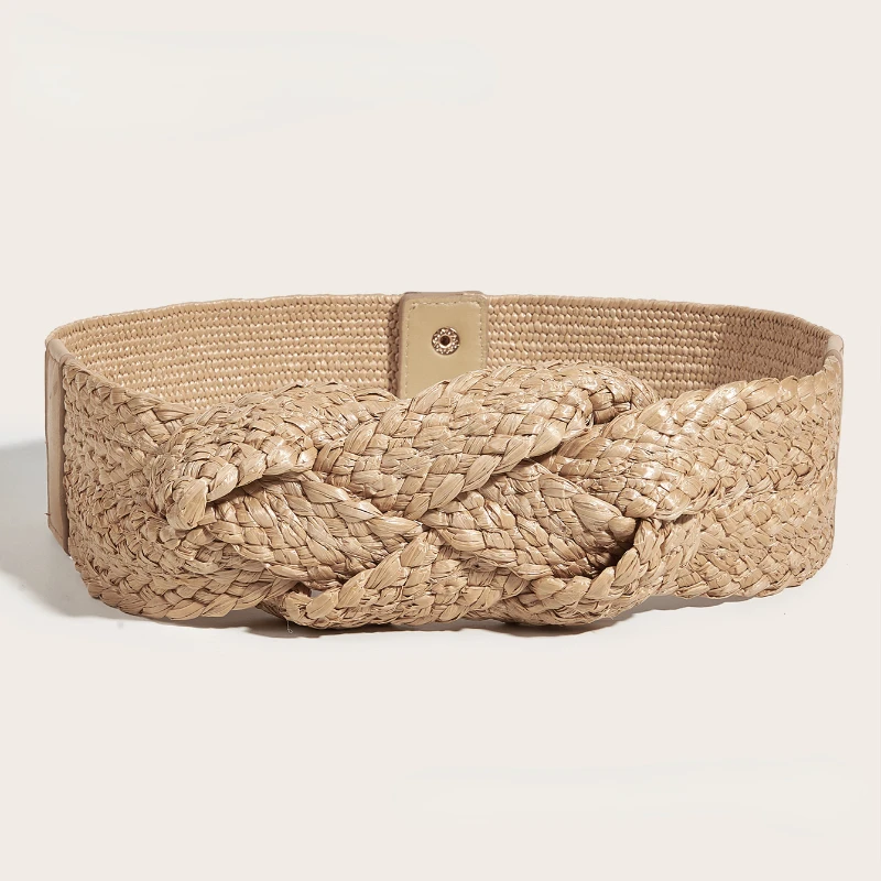 Europe Style Elastic Wide Belt Women's All-match Hand-woven Dress Belt Camel Color Girdle Linen Woven PP Straw Belt Beach Style