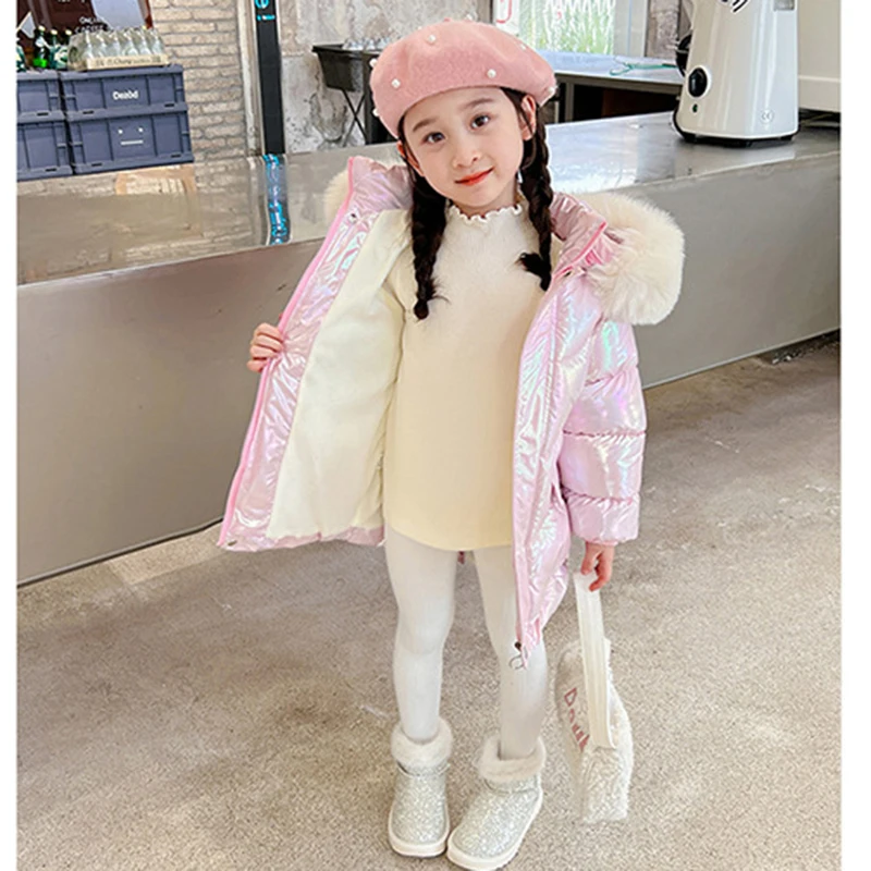 -30℃ Winter Long Girls Jacket Glossy Waterproof Lining Plush Thick Warm Windbreaker For 4-12Y Teen Kids Cotton Fashion Parkas 5