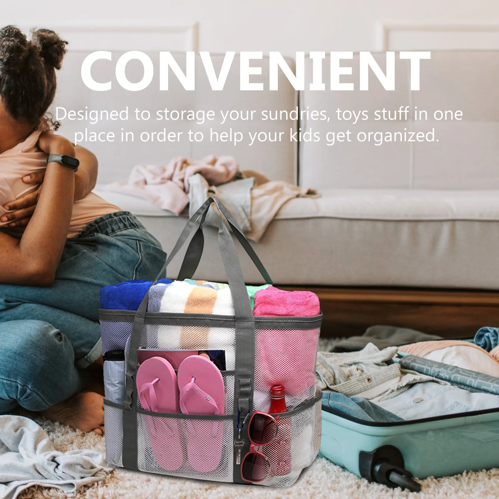 

Large Capacity Beach Bag for Kids Sandals Toys Storage Mesh Organizer Lightweight Durable Nylon Portable Shower Tote Gym Hanging