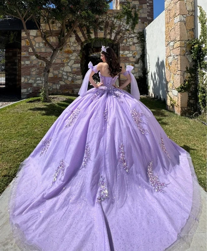 Lavender Mauve princesa Quinceanera Vestido, querida bainha, 3D espartilho frisado floral desossos, guarnição do laço, baile, 15