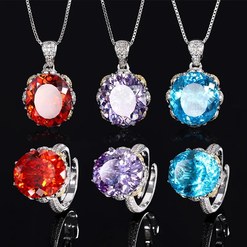 

2024 Новые ювелирные изделия S925, посеребренное золото 18 карат, птичье гнездо, аквамарин, оранжевый, красный свет, роскошный набор в форме яйца, основной камень 14*16