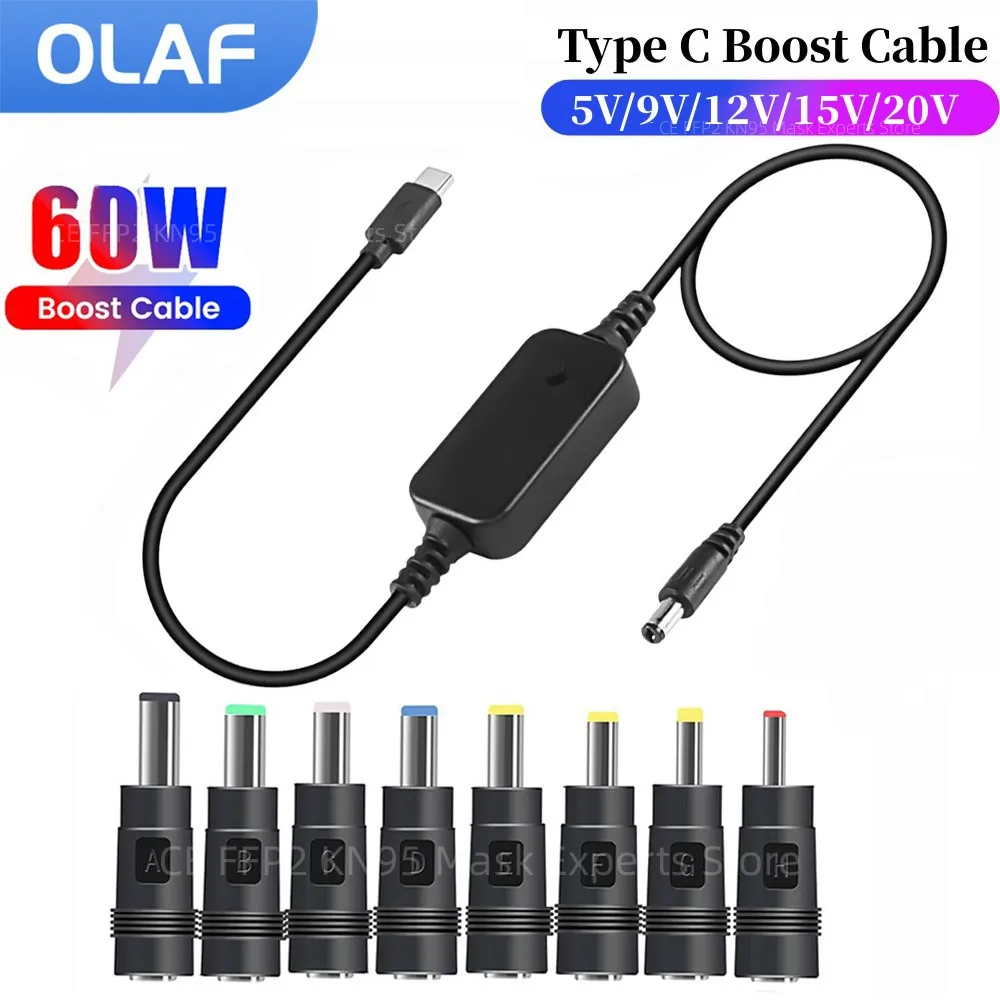 Olaf Kabel zasilający typu C na DC Przetwornica DC 5V/9V/12V/15V/20V 8 adapterów Przewód podwyższający do routera Wi-Fi Laptop Mini wentylator