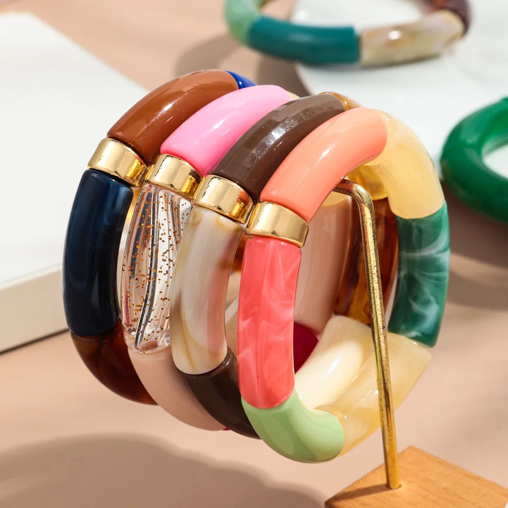 New Big Bamboo Tube Acrylic Stack Bracelet for Women Men Vintage Colorful Resin Chunky Elbow Bead Elastic Bangle Couple Jewelry