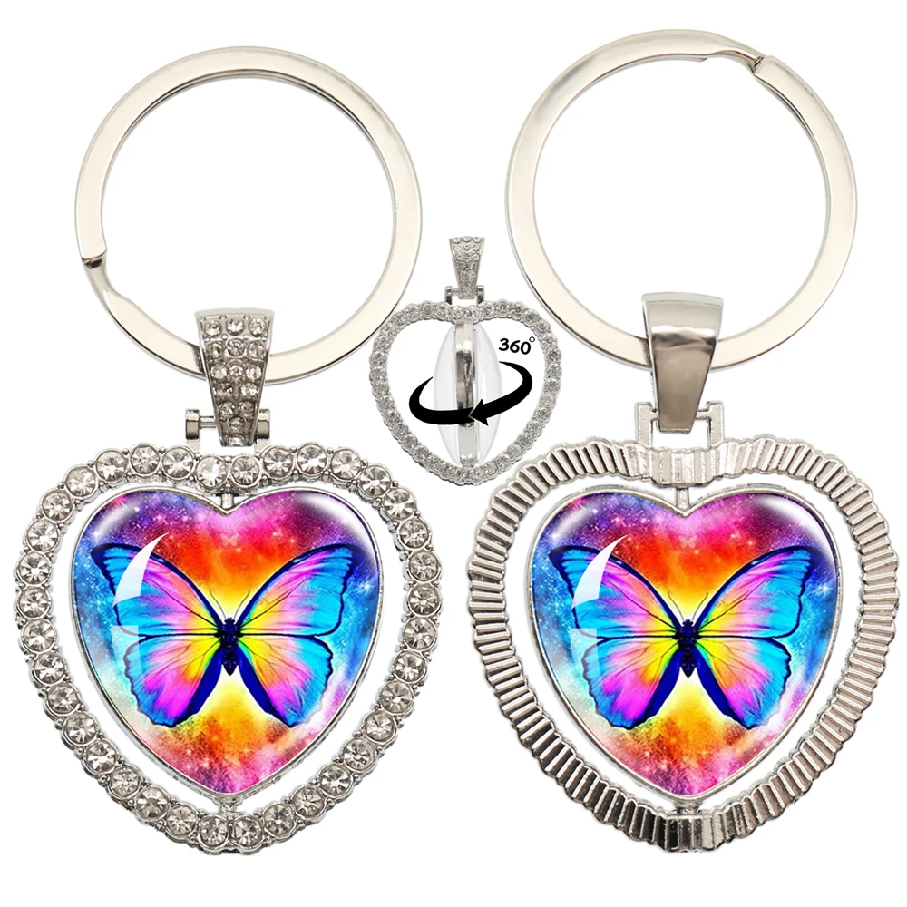 2023 New Beauty Vintage Butterfly  Double Sided Keychain 360 Degree Rotation Heart Shaped Pendant Jewelr