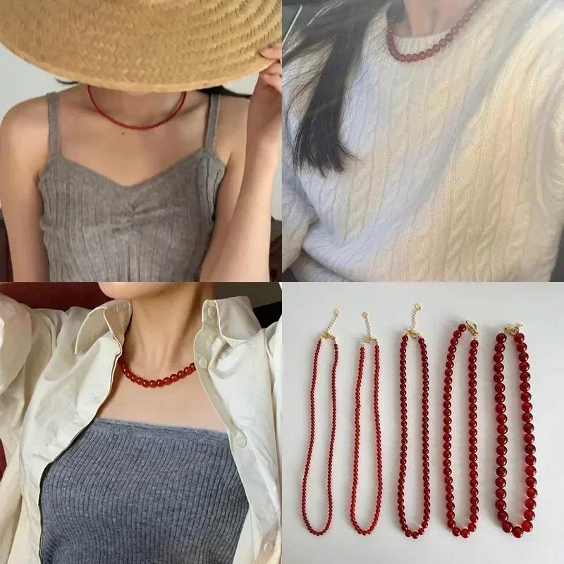 

Handmade 4 6 8 10mm Red Color Agate Natural Stone Beaded Necklaces for Women Gold Plated Beads Chokers Pendientes 2025