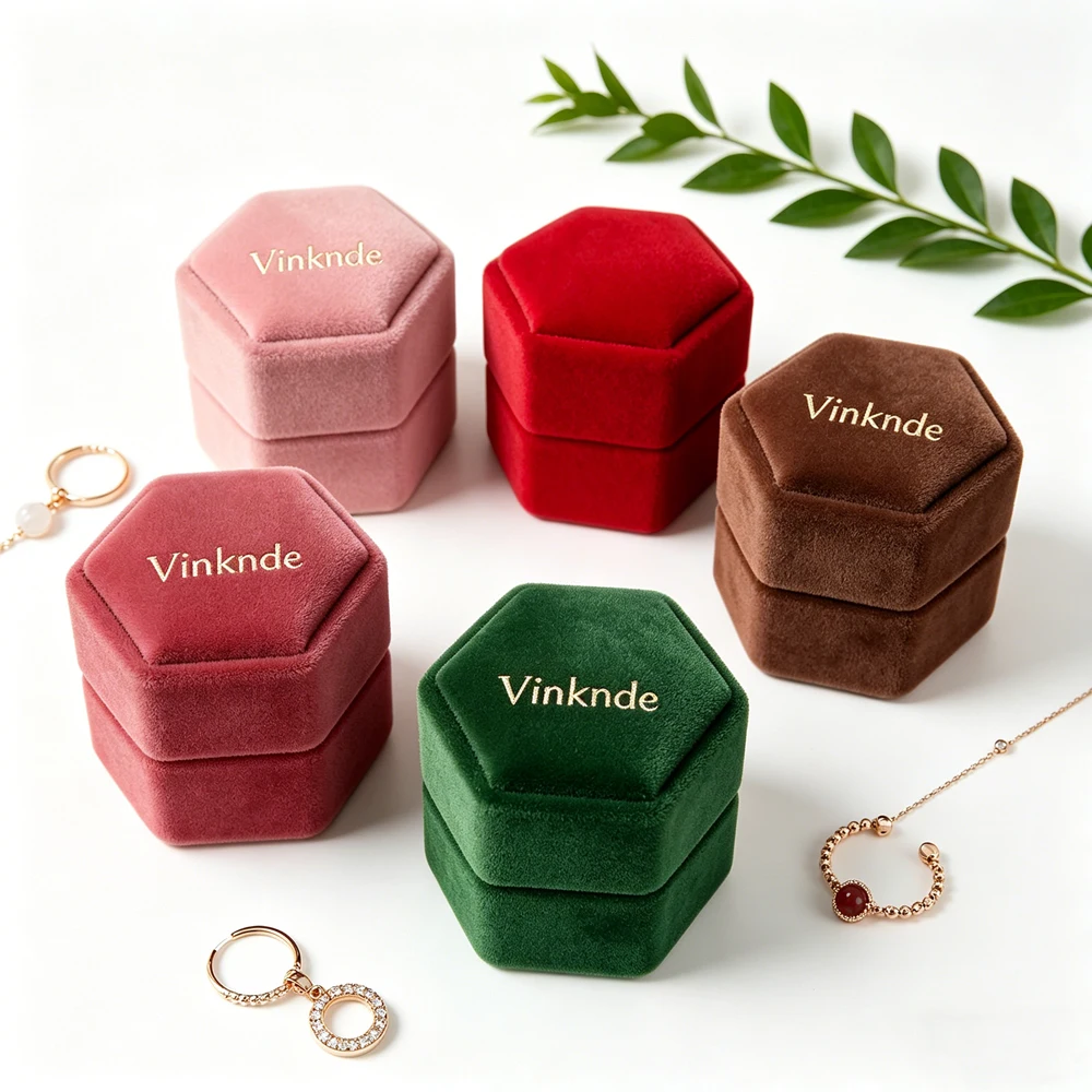 

12/20Pcs Custom Logo 5x4.5x4.4cm Hexagon Velvet Jewelry Single Double Ring Box Pendant Necklace Box for Engagement Wedding Party