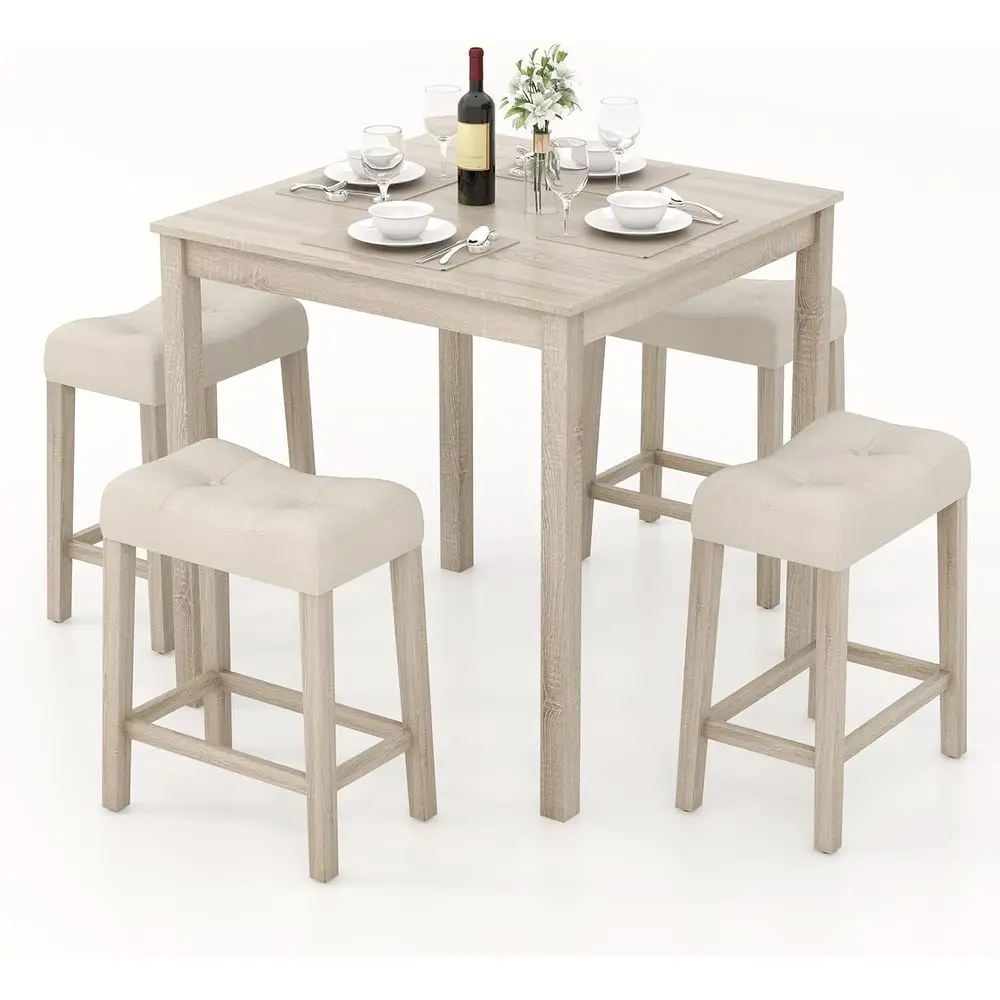 Compact Kitchen Dining Set with Square Table and 4 Padded Stools or Rubberwood Legs for Space-Efficient Living