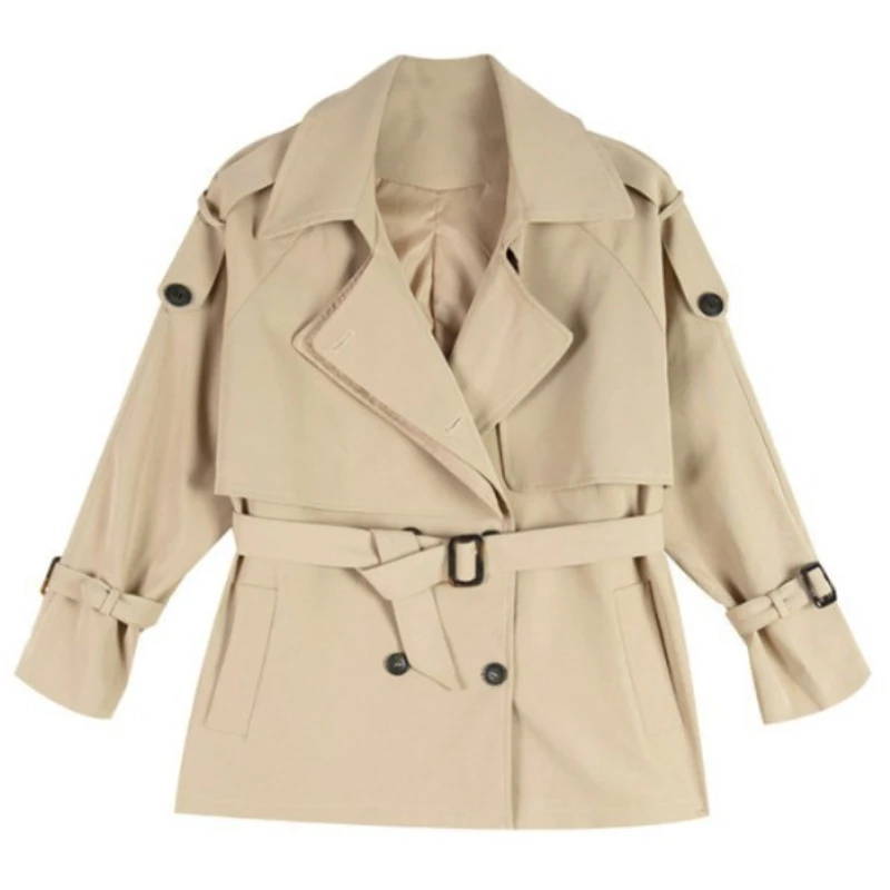 2024 Autumn Spring Loose Trench Coat New in Outerwears Short  Plus Size Coats Khaki Spliced Women Windbreaker Belted Outerwear