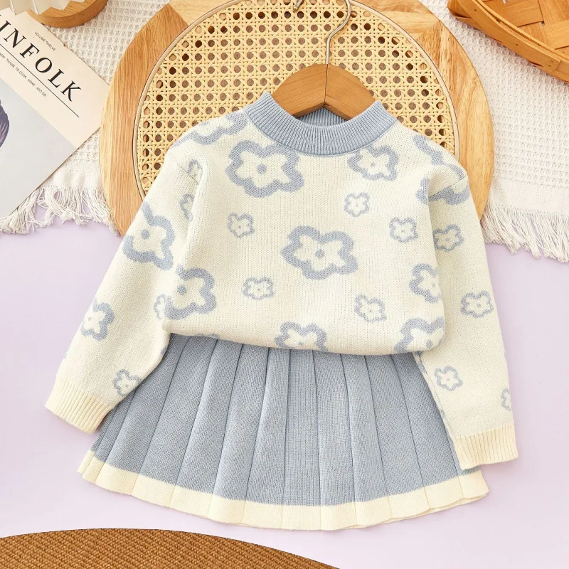 

Children's Set New Autumn Winter Girls Korean Style Long Sleeve Sweater Simple Floral College Style Knitted Short Skirt Two-Piec