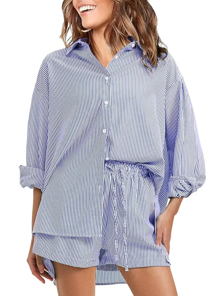 Camicia a maniche lunghe a righe da donna Completi da 2 pezzi Set di pantaloncini con coulisse e colletto con bottoni