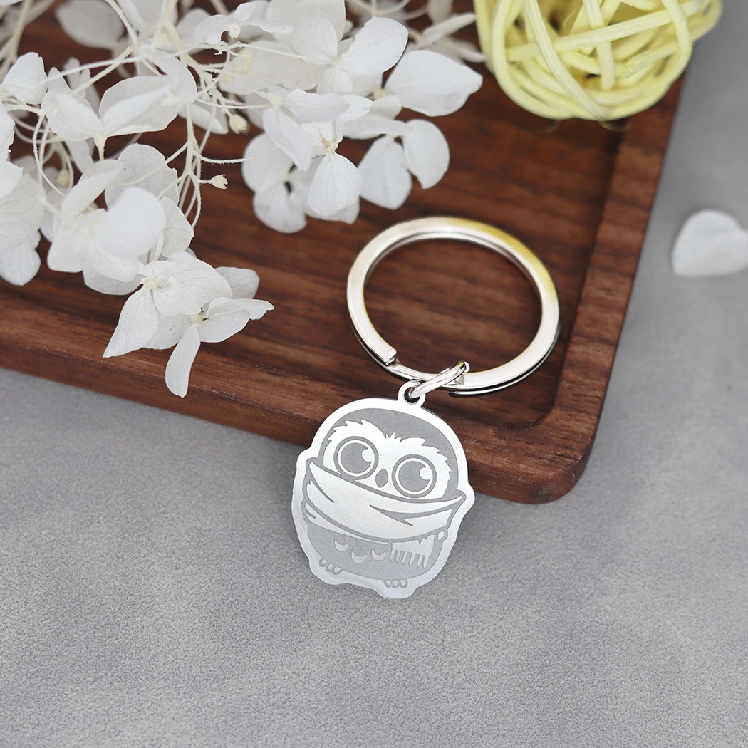 Owl In Scarf Personalized Pendant Keychain ID Phone Tag Custom Name Keyring Men Women Stainless Steel Jewelry Gift Keepsakes